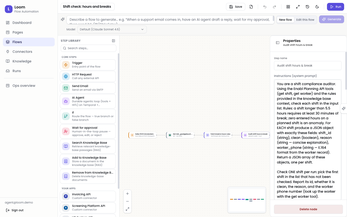 Eigenschappen van een agentstap in Loom met instructies, model en tools